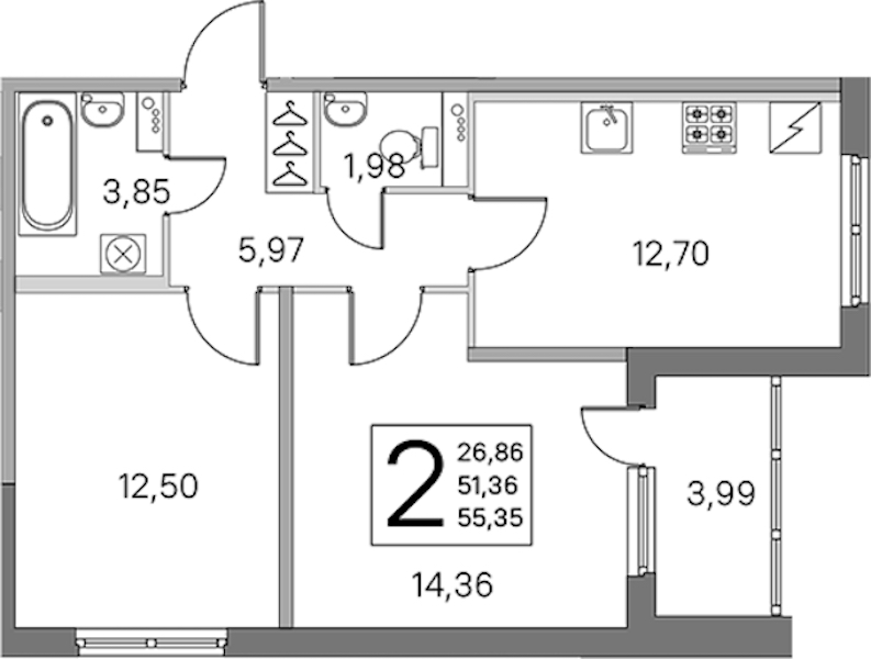 2-комнатная квартира 51.36 м², 1/5 эт., ЖК «ЮгТаун. Олимпийские кварталы»